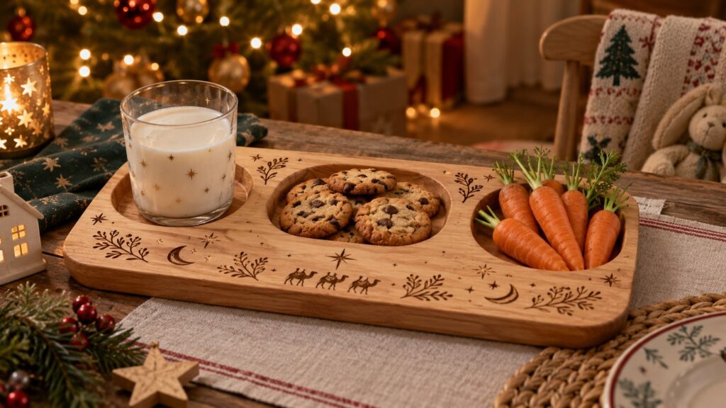 Bandeja de los Reyes Magos con leche, galletas y zanahorias