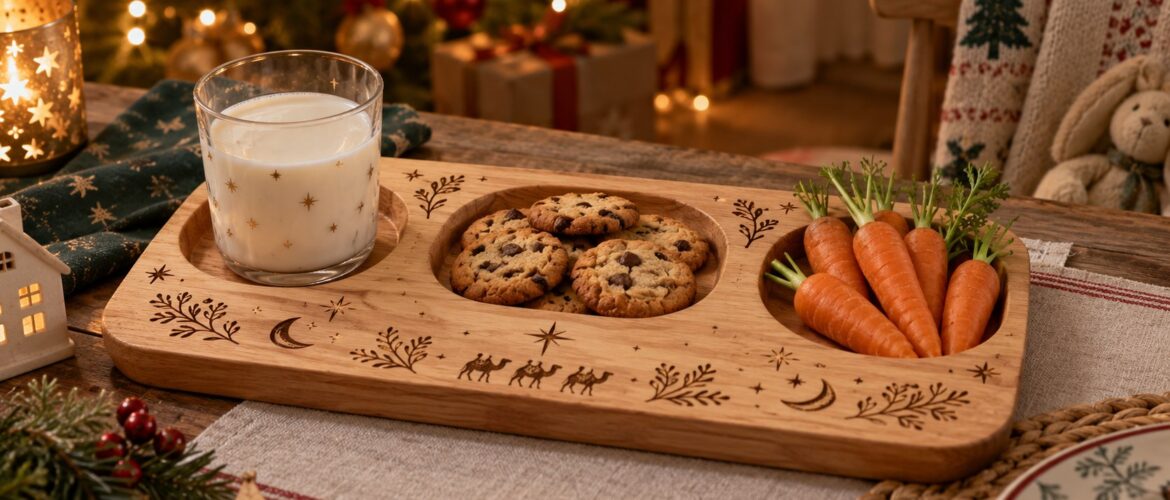 Bandeja de los Reyes Magos con leche, galletas y zanahorias