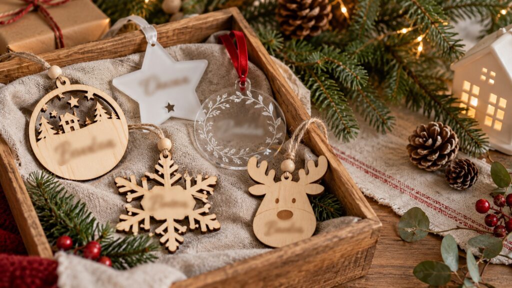 Bolas de Navidad personalizadas de madera y metacrilato