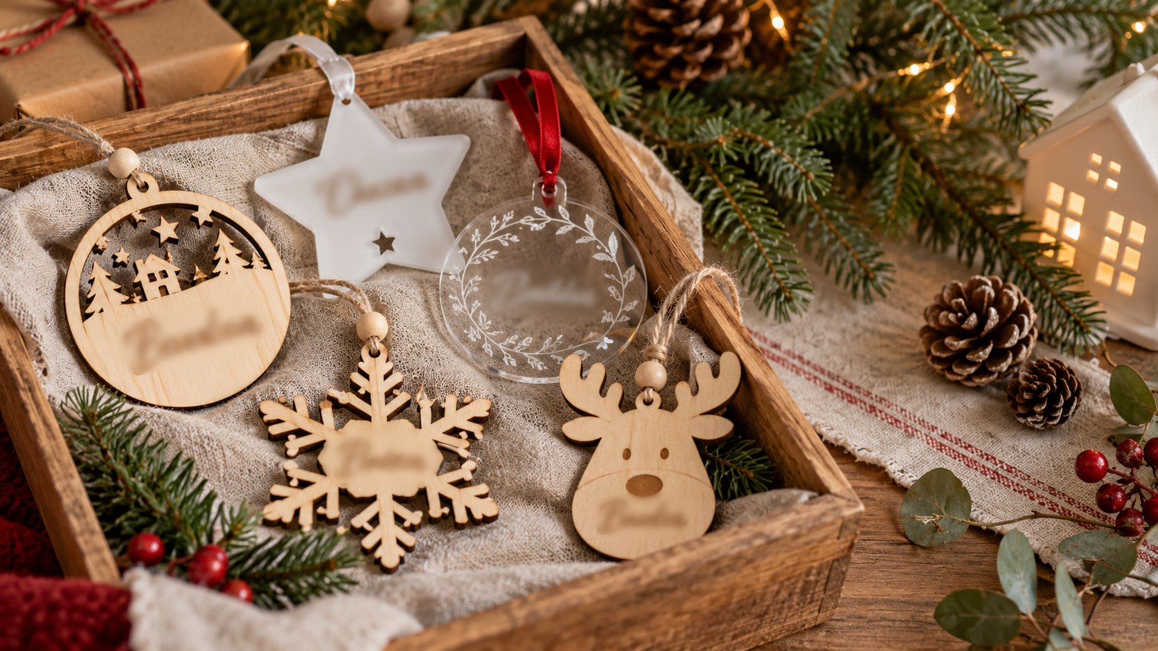 Bolas de Navidad personalizadas de madera y metacrilato