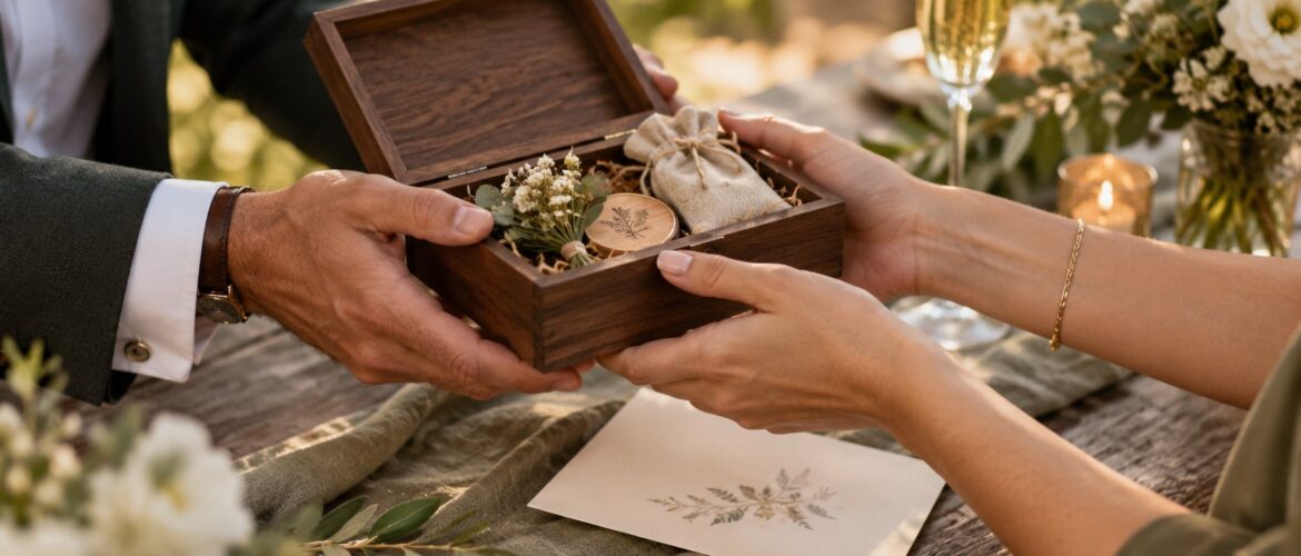 Entrega de un regalo de madera a testigos o padrinos de boda