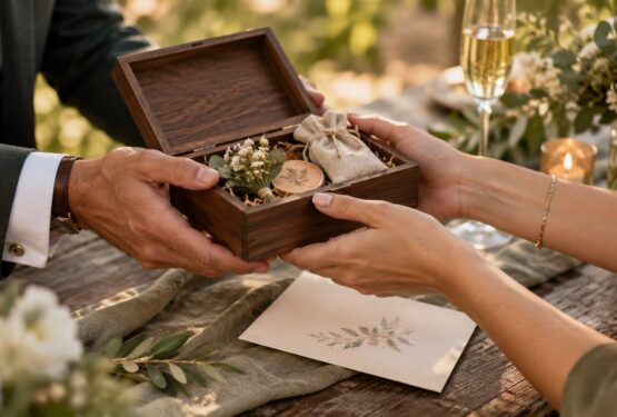 Entrega de un regalo de madera a testigos o padrinos de boda