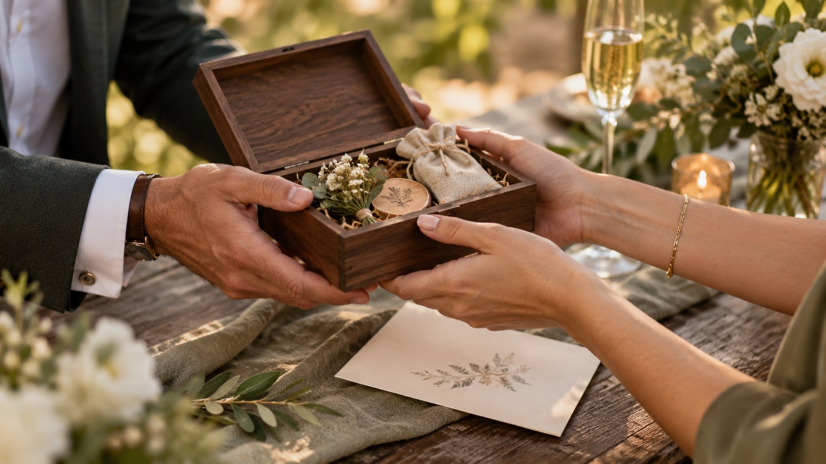 Entrega de un regalo de madera a testigos o padrinos de boda