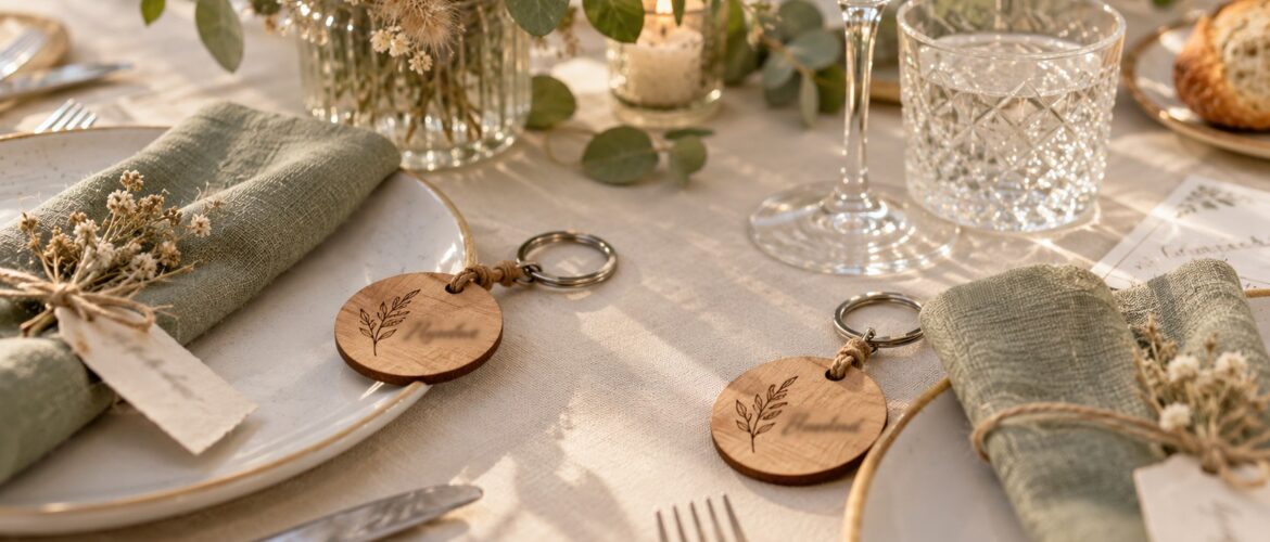 Llaveros personalizados de madera usados como marcasitios de boda