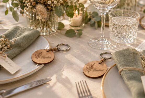 Llaveros personalizados de madera usados como marcasitios de boda