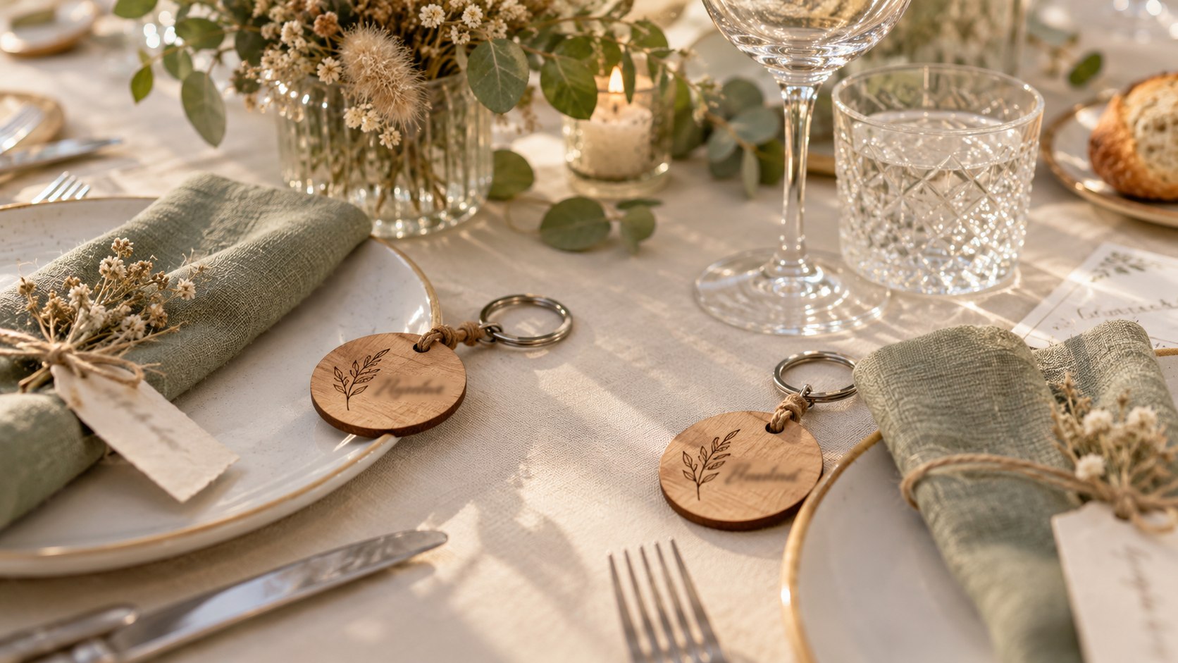 Llaveros personalizados de madera usados como marcasitios de boda