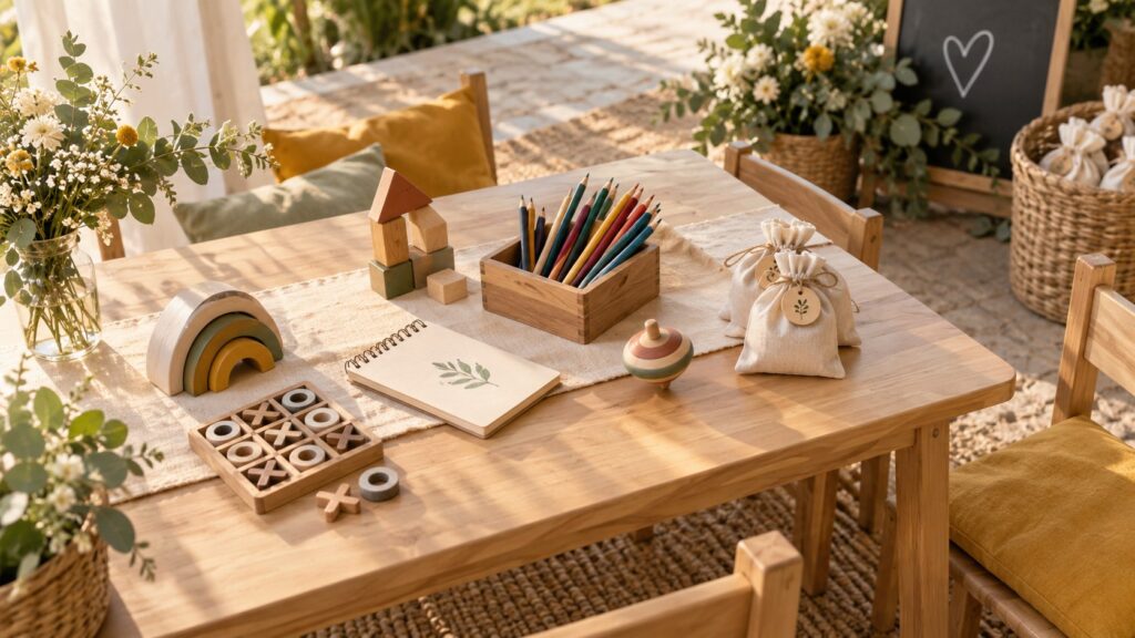 Mesa infantil de boda con juegos de madera y lápices de colores