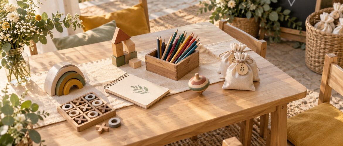 Mesa infantil de boda con juegos de madera y lápices de colores