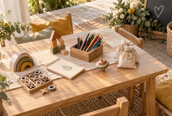 Mesa infantil de boda con juegos de madera y lápices de colores