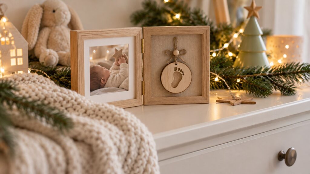 Marco y adorno personalizados para la primera Navidad de un bebé