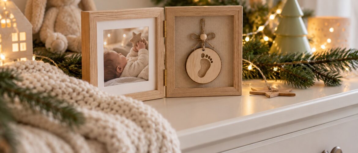 Marco y adorno personalizados para la primera Navidad de un bebé