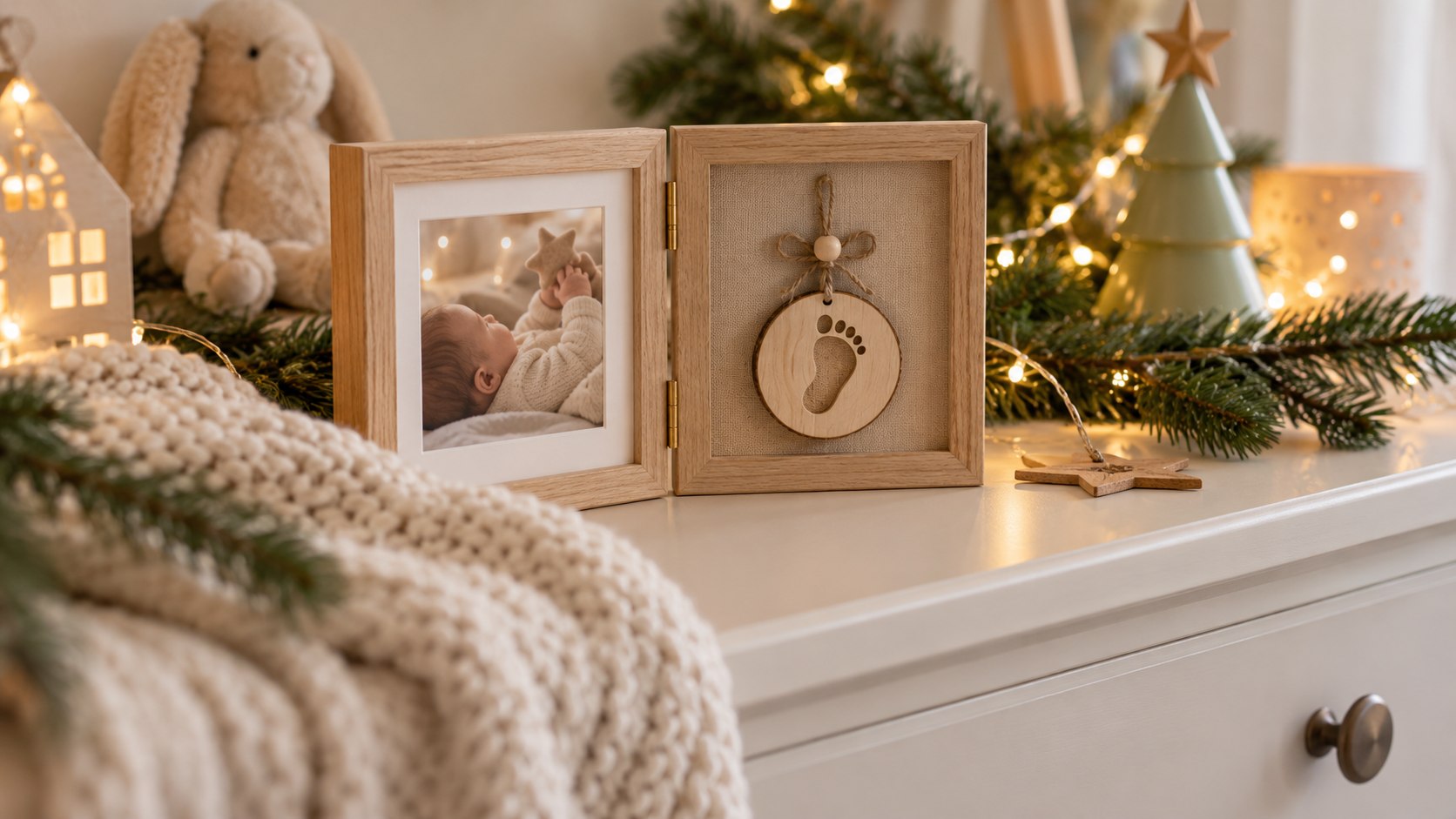 Marco y adorno personalizados para la primera Navidad de un bebé